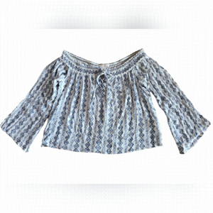 Forever 21 Off the Shoulder Boho Peasant Blouse in Blue & White- M